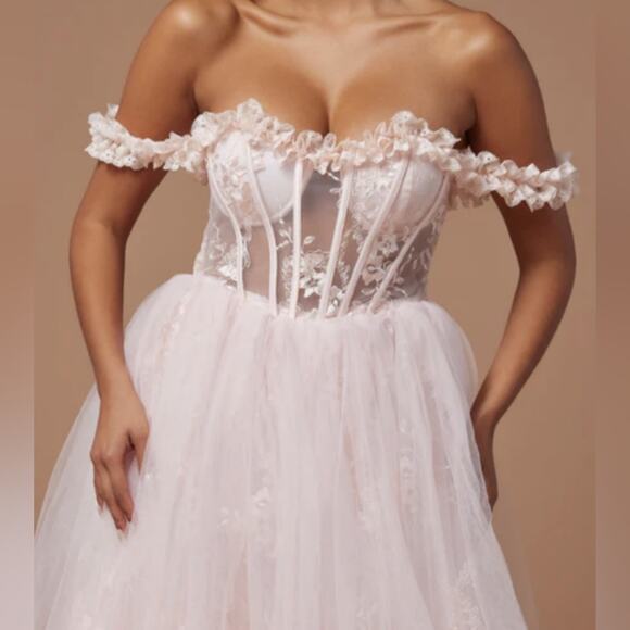 NWOT Lana Embroidered Tulle Princess Wedding Maxi Gown - Pink Women's L - Picture 1 of 16